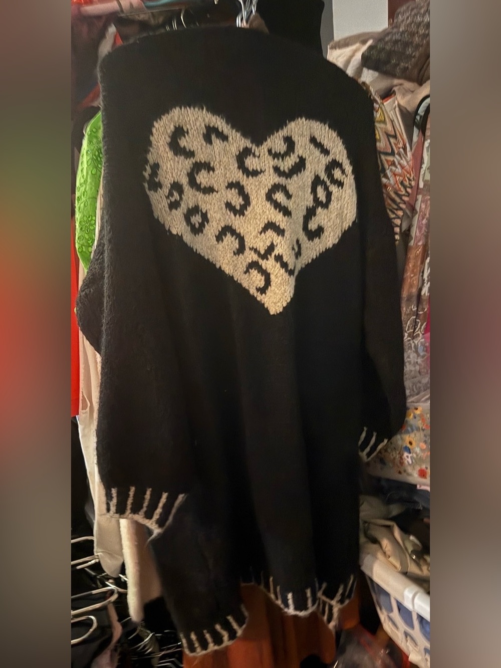 #1508 Vintage Havana Black Open-Front Cardigan with Cream Accent & Leopard Heart